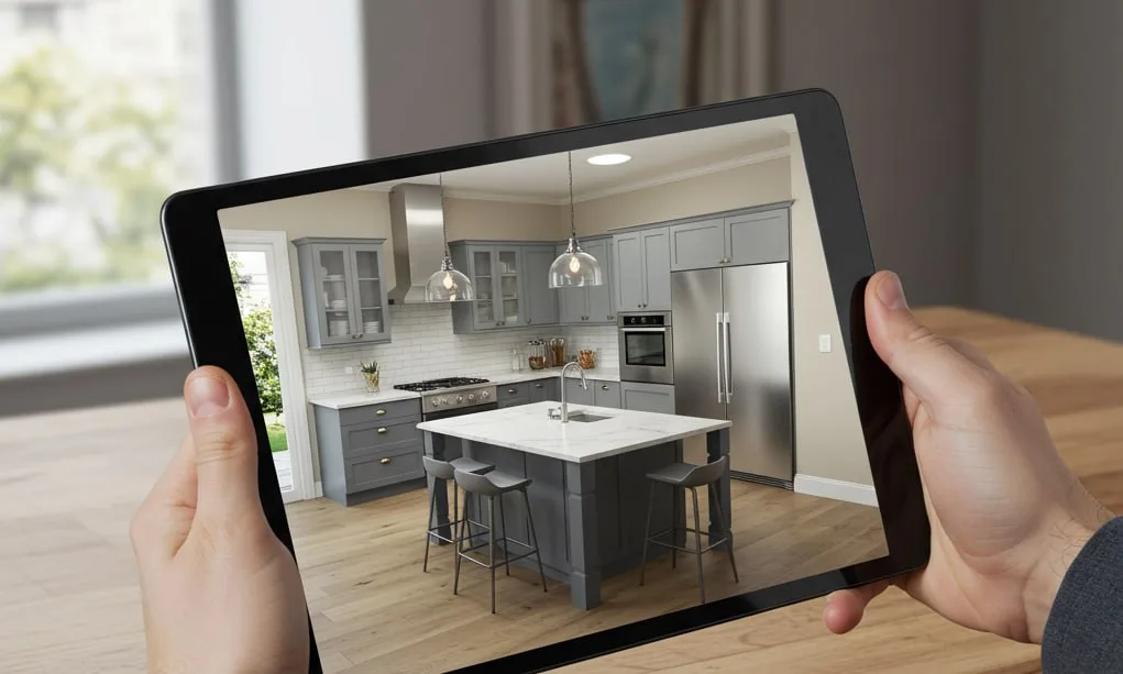 A kitchen design previewed in augmented reality